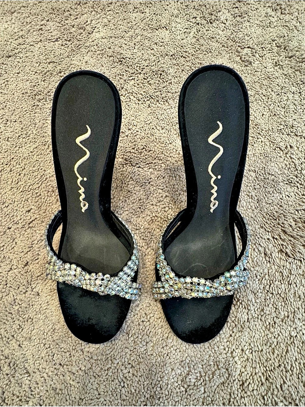 Nina Slides Rhinestone Heels in Black Velvet, Satin, and Leather Sole, Size 6
